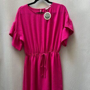 Hot Pink Drawstring Mini Dress with Ruffle Sleeves Size M NWT